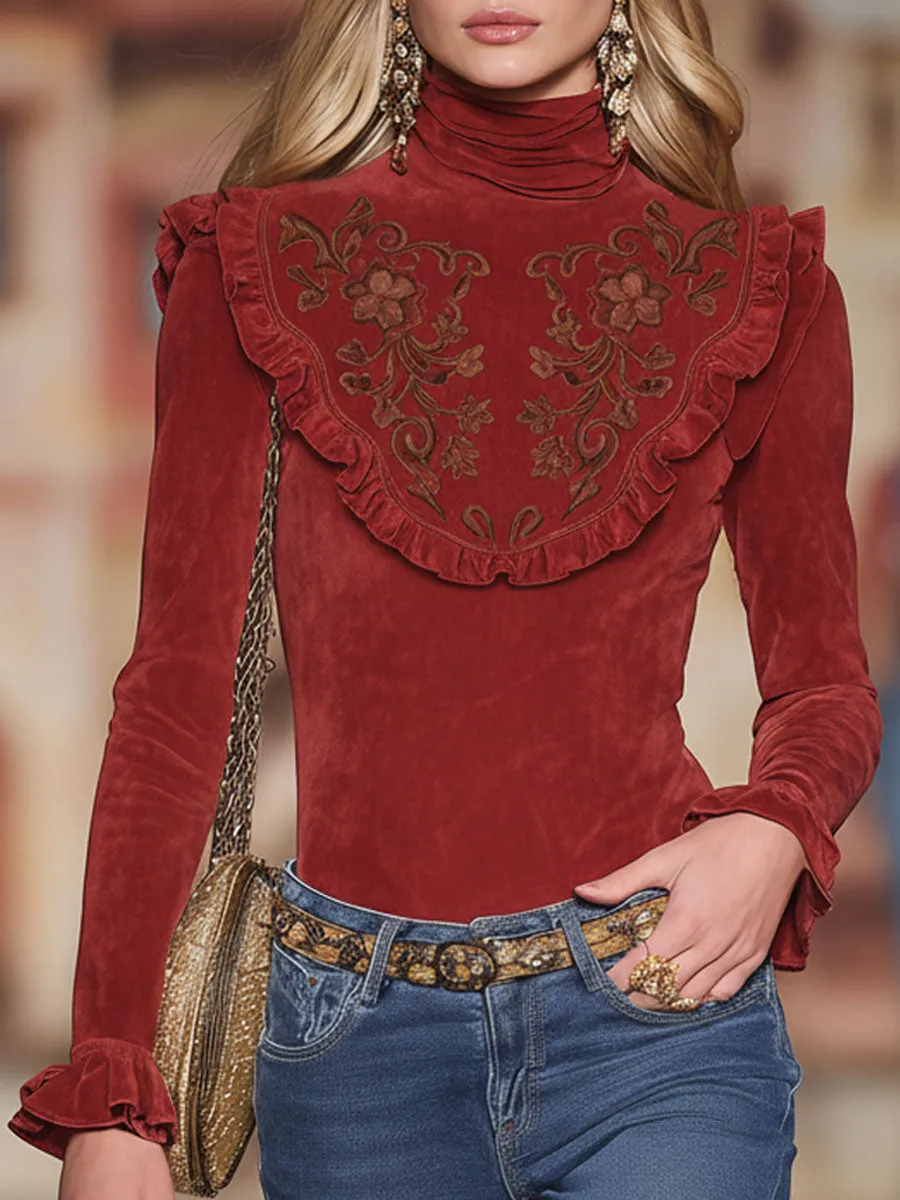Retro High-neck Embroidered Ruffle Faux Suede Long-sleeved T-shirt sold by Oyrosy
