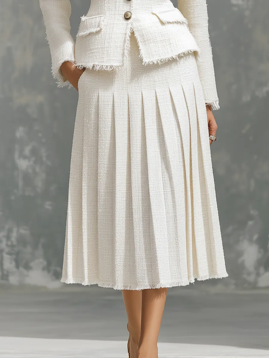 Elegant Round Neck Frayed Tweed Jacket And Pleated Skirt Set sold by Oyrosy product image thumbnail 4