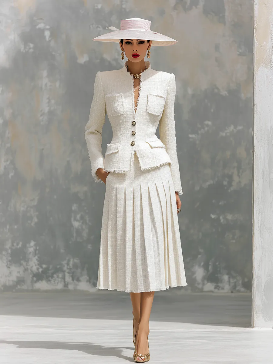 Elegant Round Neck Frayed Tweed Jacket And Pleated Skirt Set sold by Oyrosy product image thumbnail 2
