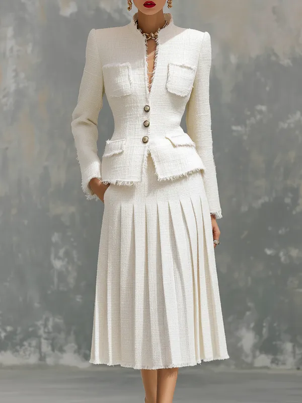 Elegant Round Neck Frayed Tweed Jacket And Pleated Skirt Set sold by Oyrosy