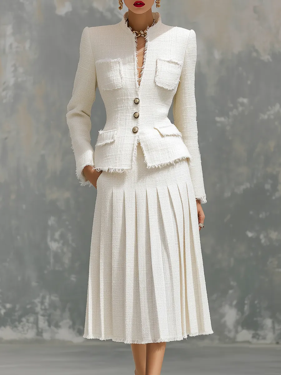 Elegant Round Neck Frayed Tweed Jacket And Pleated Skirt Set sold by Oyrosy