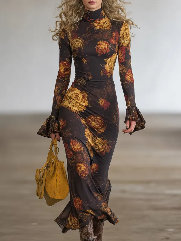 Retro-style Fitted Floral Print Flared Sleeve Maxi Dress sold by Oyrosy