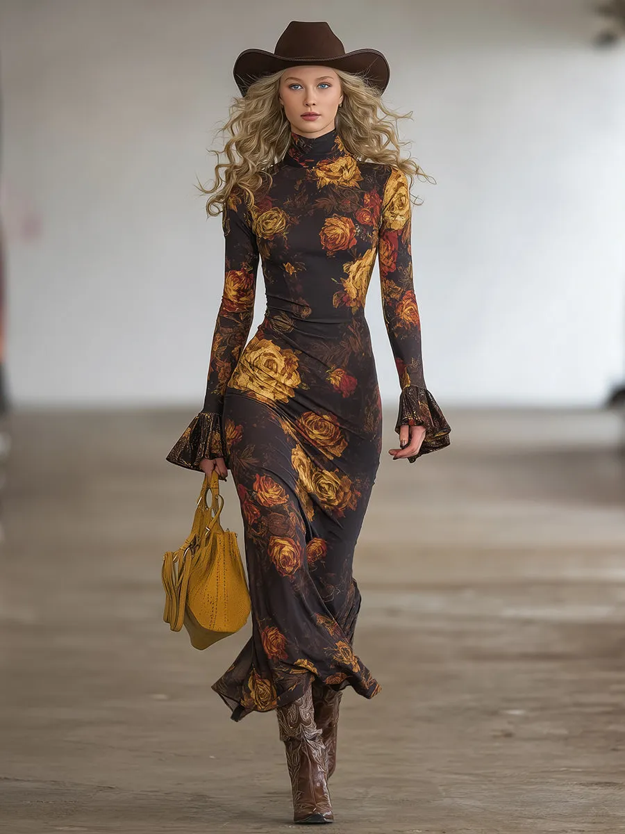 Retro-style Fitted Floral Print Flared Sleeve Maxi Dress sold by Oyrosy product image thumbnail 2