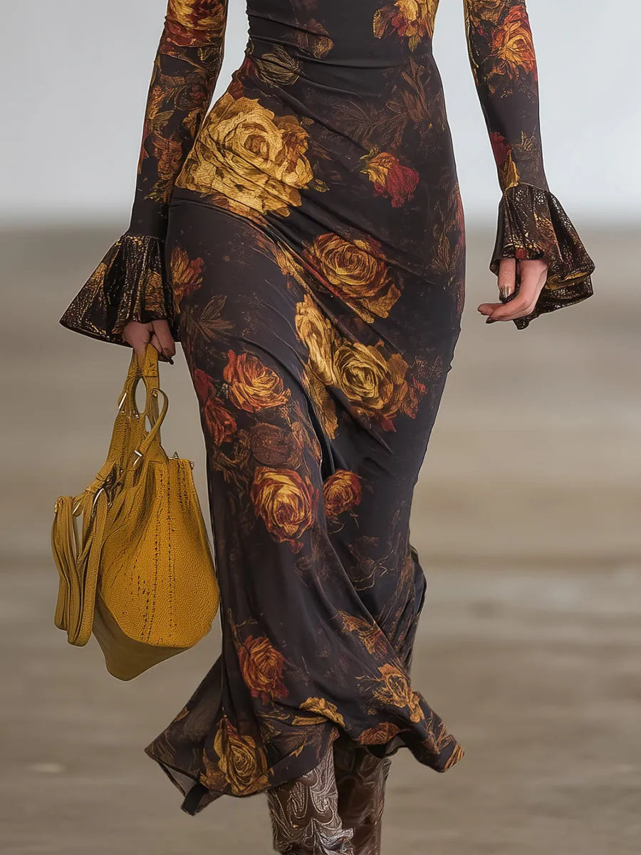 Retro-style Fitted Floral Print Flared Sleeve Maxi Dress sold by Oyrosy product image thumbnail 4