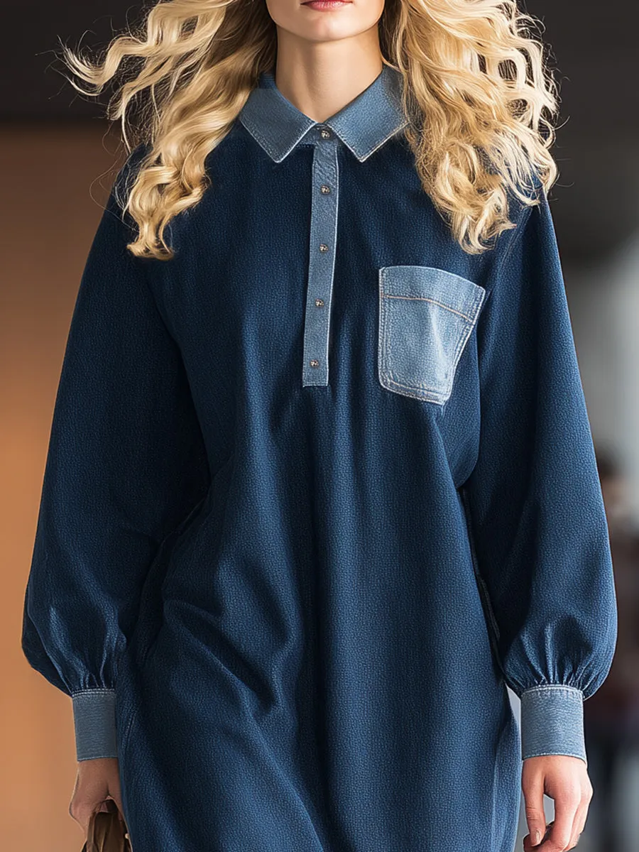 Loose-fitting Western-style Color-blocked Pocket Collar Ruffled Hem Denim Midi Dress sold by Oyrosy product image thumbnail 3