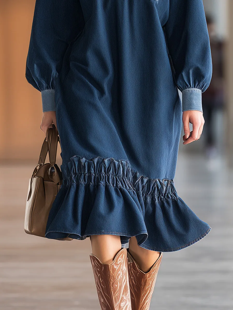 Loose-fitting Western-style Color-blocked Pocket Collar Ruffled Hem Denim Midi Dress sold by Oyrosy product image thumbnail 4