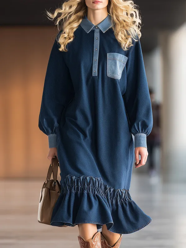 Loose-fitting Western-style Color-blocked Pocket Collar Ruffled Hem Denim Midi Dress sold by Oyrosy