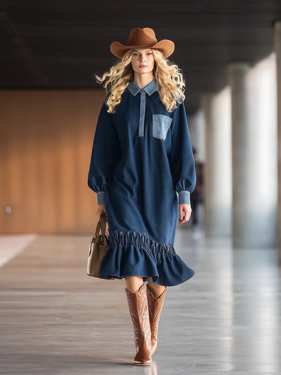 Loose-fitting Western-style Color-blocked Pocket Collar Ruffled Hem Denim Midi Dress sold by Oyrosy product image thumbnail 2