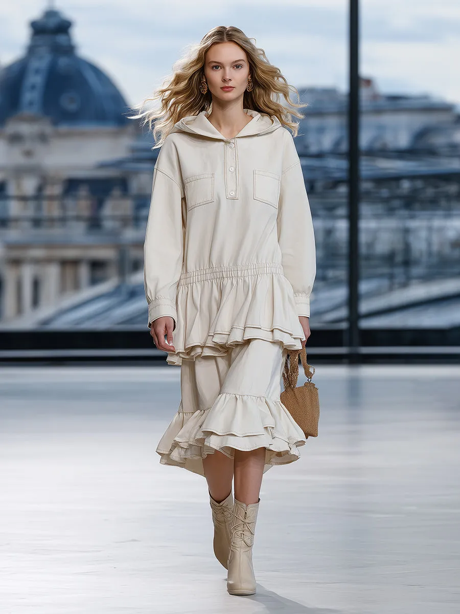 Loose-fitting Western-style Hooded Ruffled White Denim Midi Dress sold by Oyrosy product image thumbnail 2