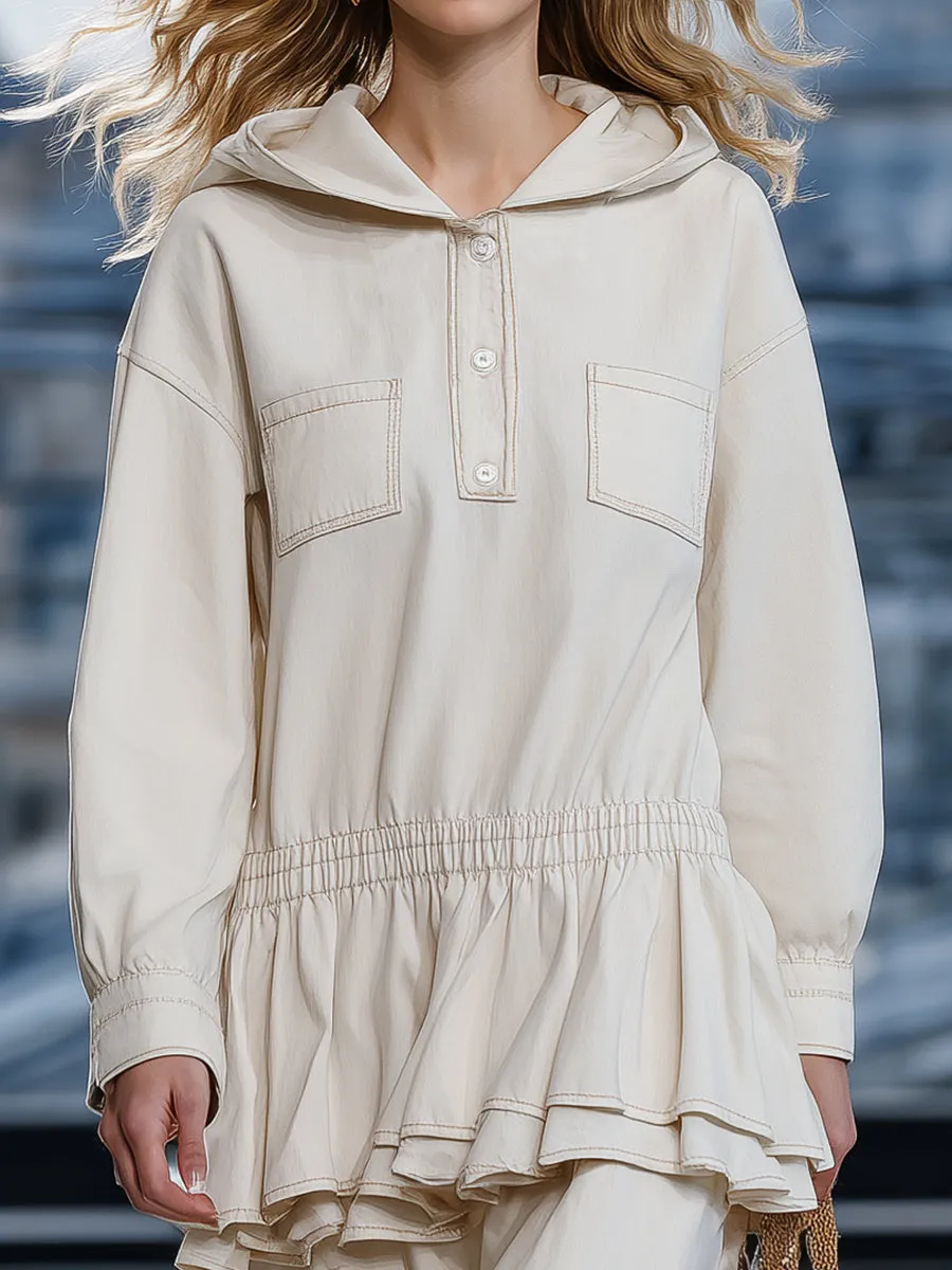 Loose-fitting Western-style Hooded Ruffled White Denim Midi Dress sold by Oyrosy product image thumbnail 3