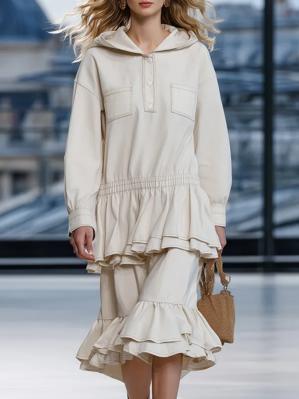 Loose-fitting Western-style Hooded Ruffled White Denim Midi Dress sold by Oyrosy