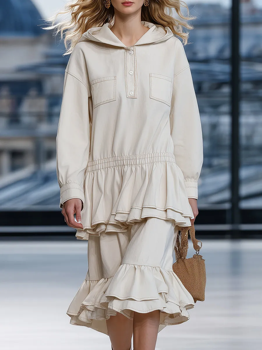 Loose-fitting Western-style Hooded Ruffled White Denim Midi Dress sold by Oyrosy