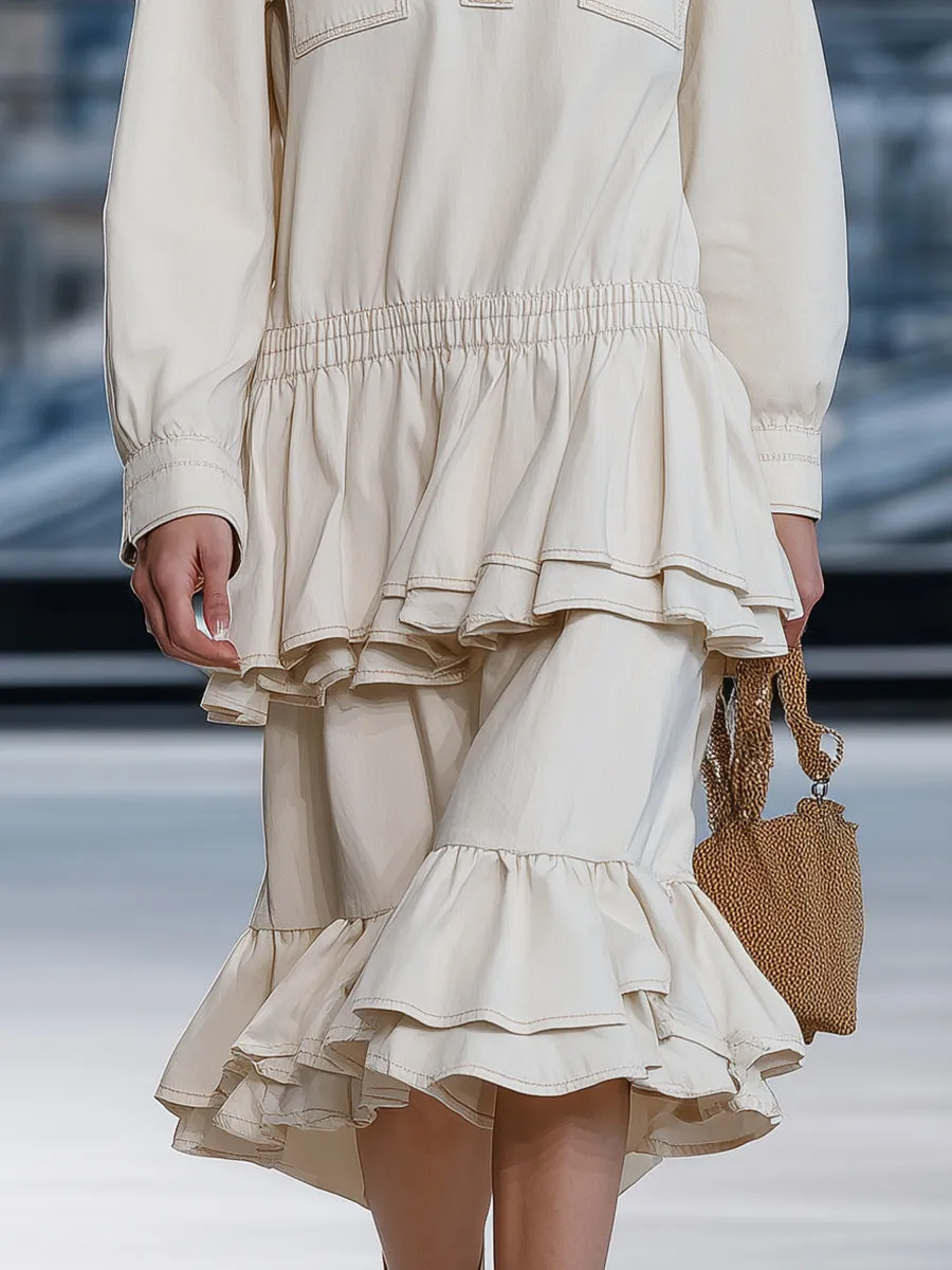 Loose-fitting Western-style Hooded Ruffled White Denim Midi Dress sold by Oyrosy product image thumbnail 4