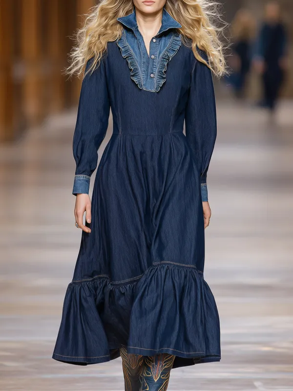 Loose-fitting Western-style Color-blocked Ruffled Neckline Denim Maxi Dress sold by Oyrosy