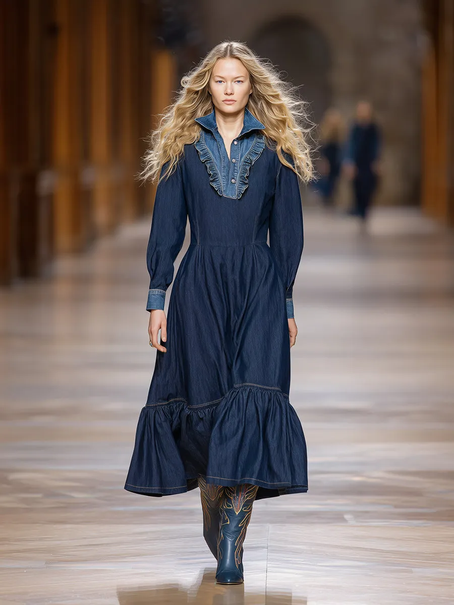Loose-fitting Western-style Color-blocked Ruffled Neckline Denim Maxi Dress sold by Oyrosy product image thumbnail 2
