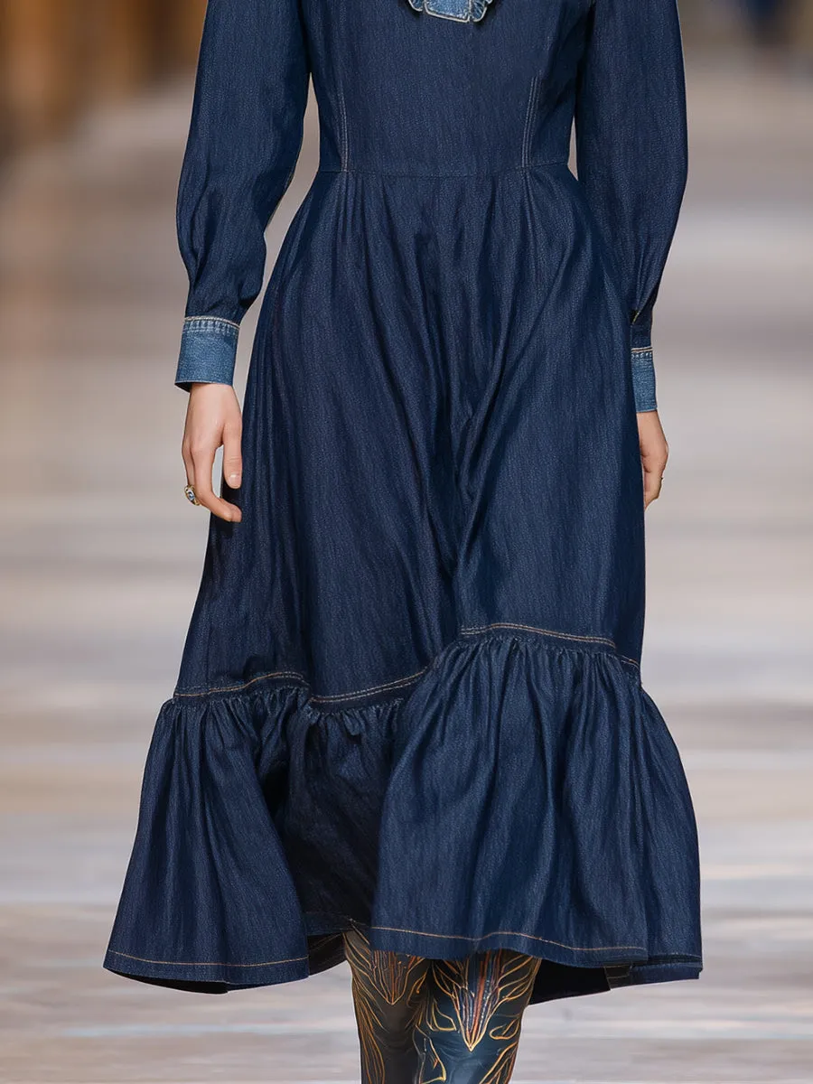 Loose-fitting Western-style Color-blocked Ruffled Neckline Denim Maxi Dress sold by Oyrosy product image thumbnail 4
