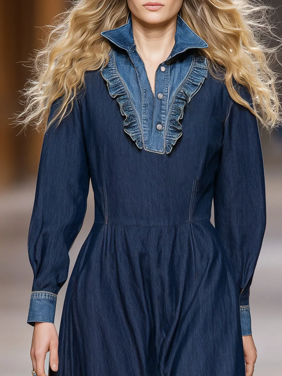 Loose-fitting Western-style Color-blocked Ruffled Neckline Denim Maxi Dress sold by Oyrosy product image thumbnail 3