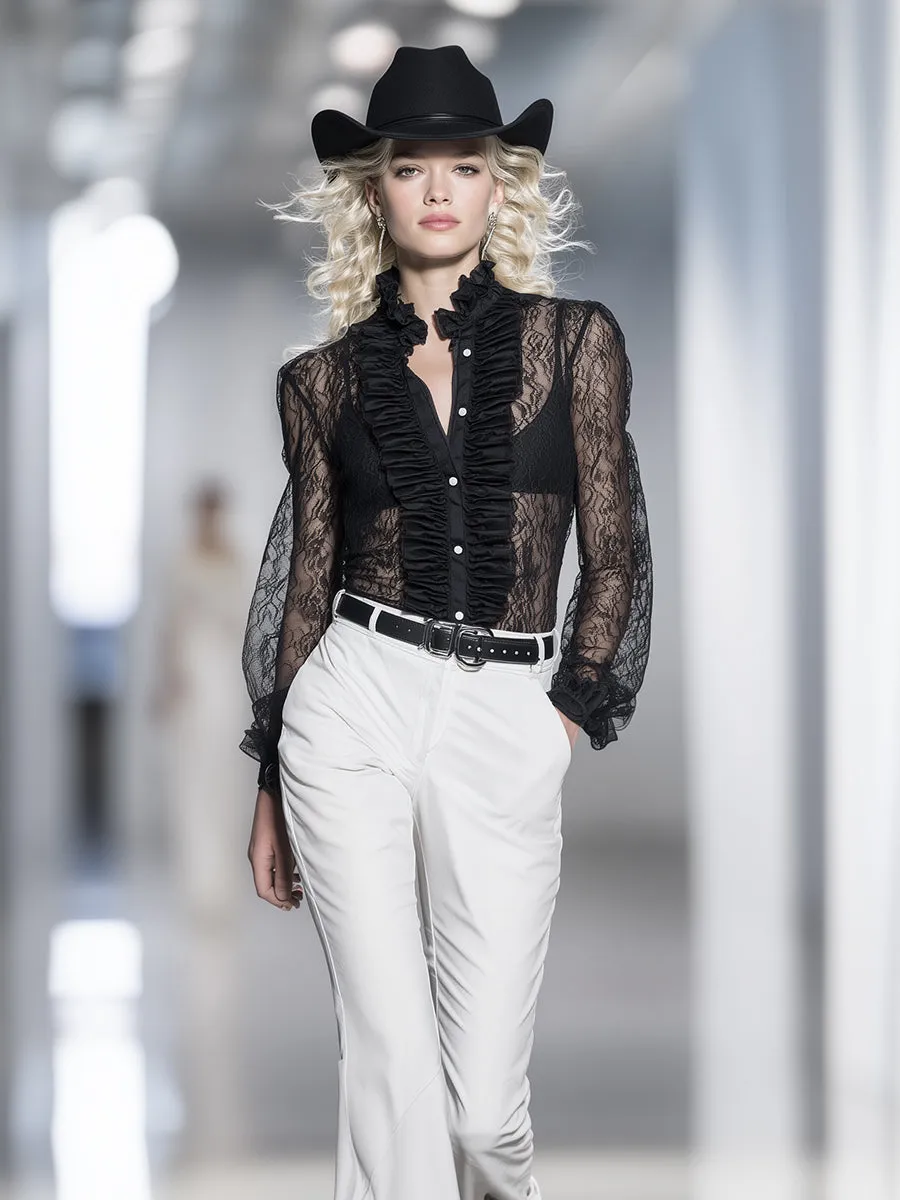 Exquisite And Stylish Ruffled Placket Black Lace Shirt sold by Oyrosy product image thumbnail 2