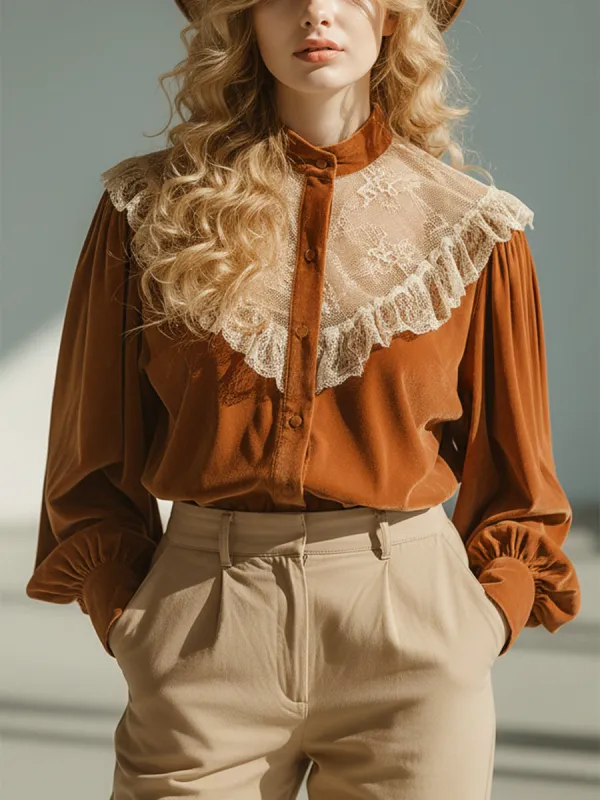 Retro-chic Lace-trimmed Pumpkin-colored Velvet Shirt sold by Oyrosy