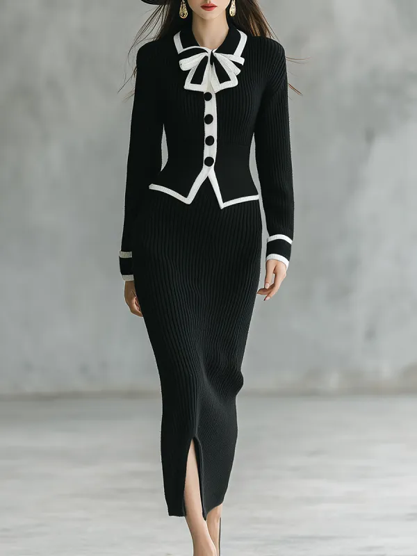 Elegant Retro Color-blocked Knit Cardigan And Skirt Set sold by Oyrosy