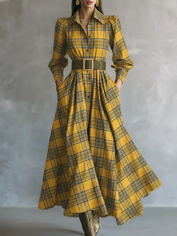 Retro Color-blocked Plaid Lapel Maxi Dress sold by Oyrosy