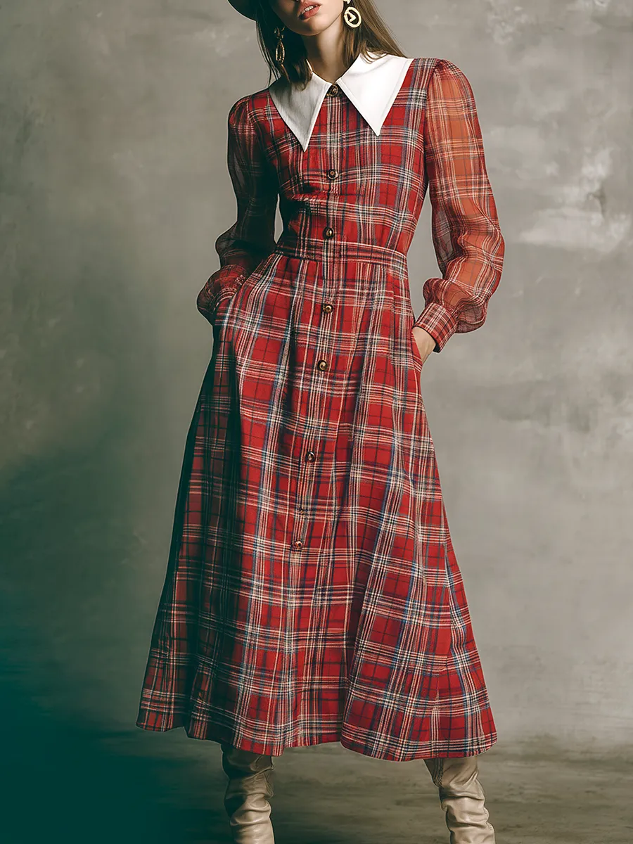 Elegant Retro Color-blocked Plaid Maxi Dress sold by Oyrosy