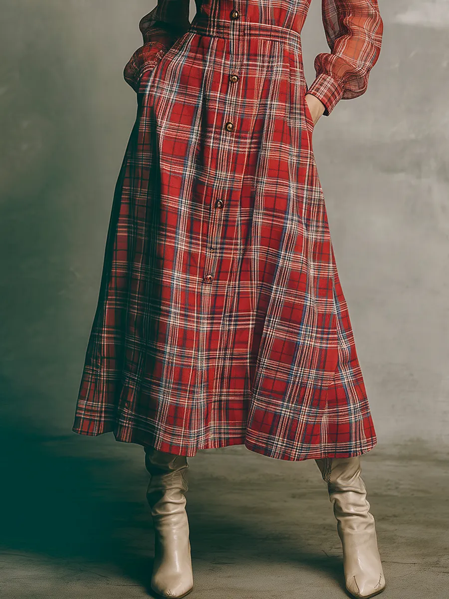 Elegant Retro Color-blocked Plaid Maxi Dress sold by Oyrosy product image thumbnail 4