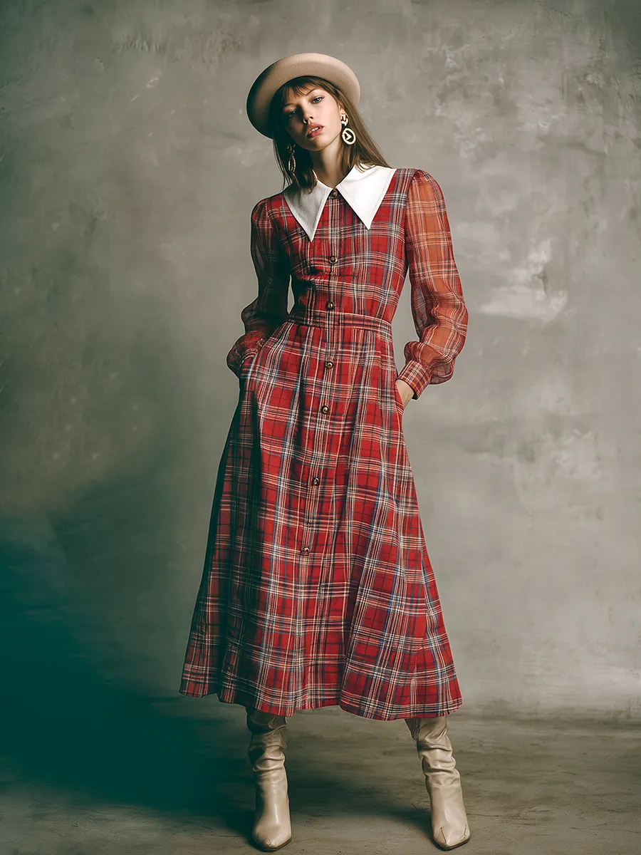 Elegant Retro Color-blocked Plaid Maxi Dress sold by Oyrosy product image thumbnail 2