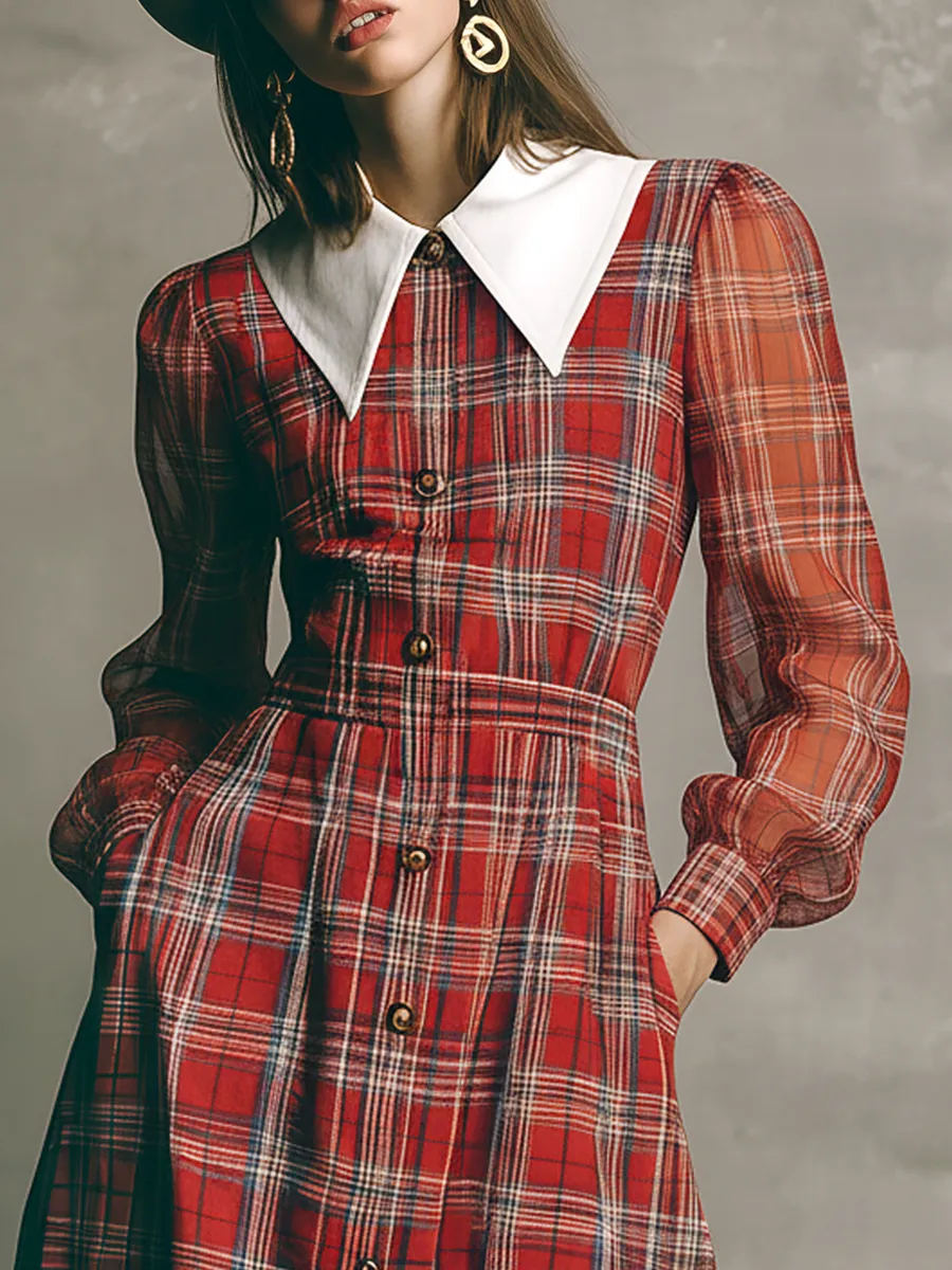 Elegant Retro Color-blocked Plaid Maxi Dress sold by Oyrosy product image thumbnail 3