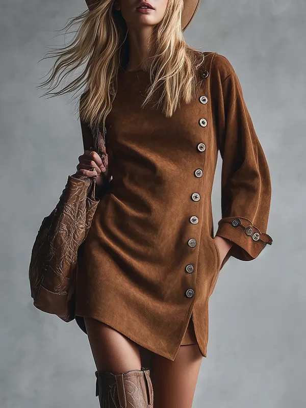 Vintage Western Crew Neck Side Button Decoration Brown Faux Suede Mini Dress sold by Oyrosy