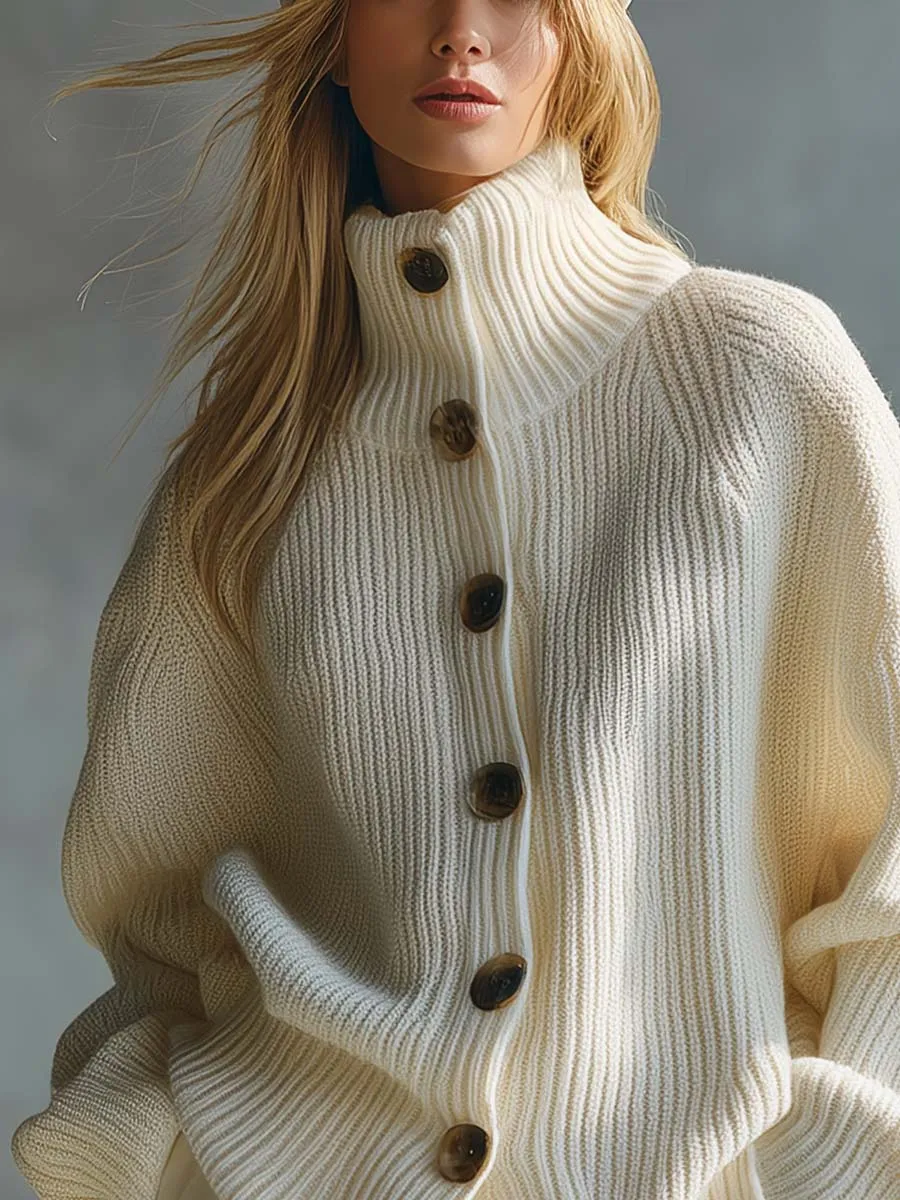 Fashion Casual High Collar Front Button Cream Knitted Cardigan sold by Oyrosy product image thumbnail 3