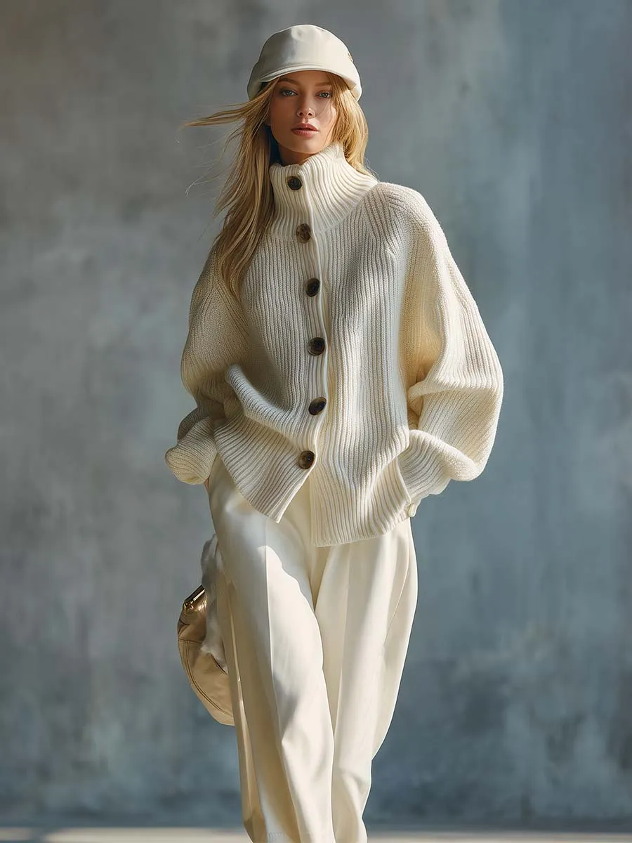 Fashion Casual High Collar Front Button Cream Knitted Cardigan sold by Oyrosy product image thumbnail 2