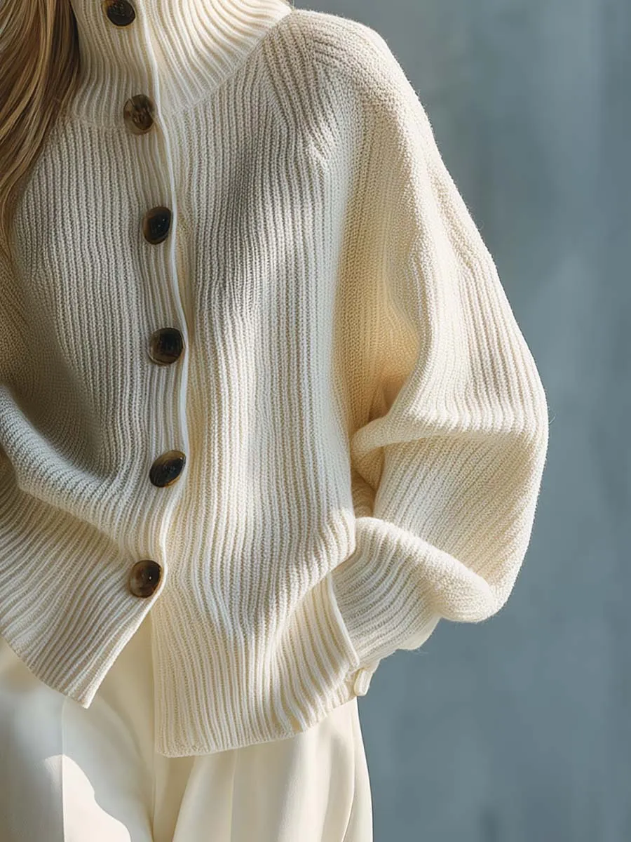 Fashion Casual High Collar Front Button Cream Knitted Cardigan sold by Oyrosy product image thumbnail 4