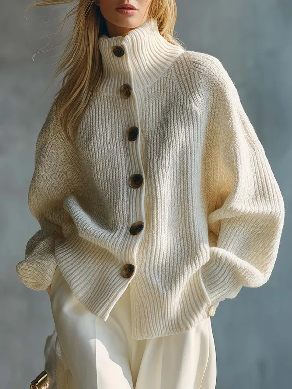 Fashion Casual High Collar Front Button Cream Knitted Cardigan sold by Oyrosy