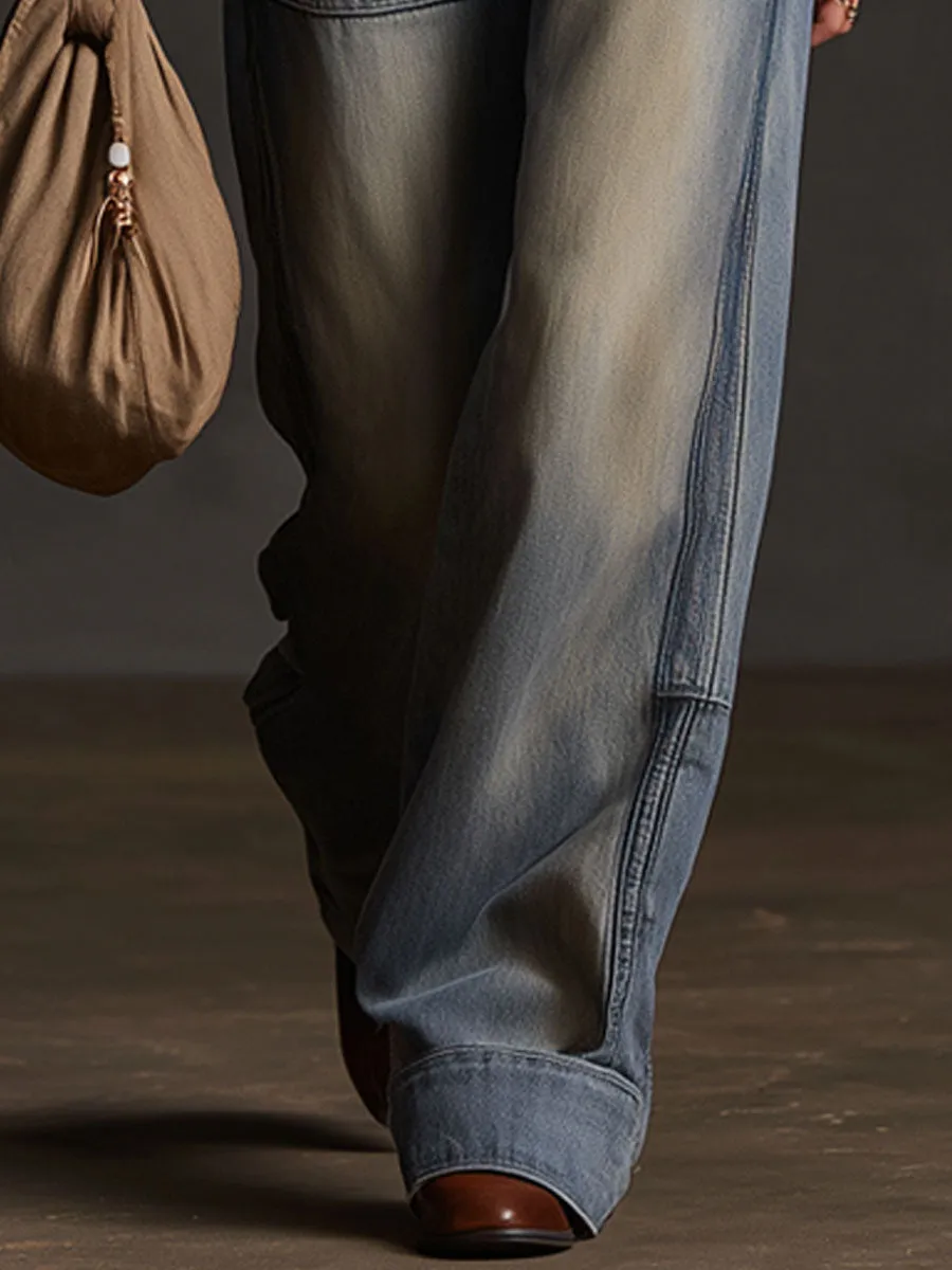 Casual Retro Distressed Wide-leg Blue Jeans sold by Oyrosy product image thumbnail 3