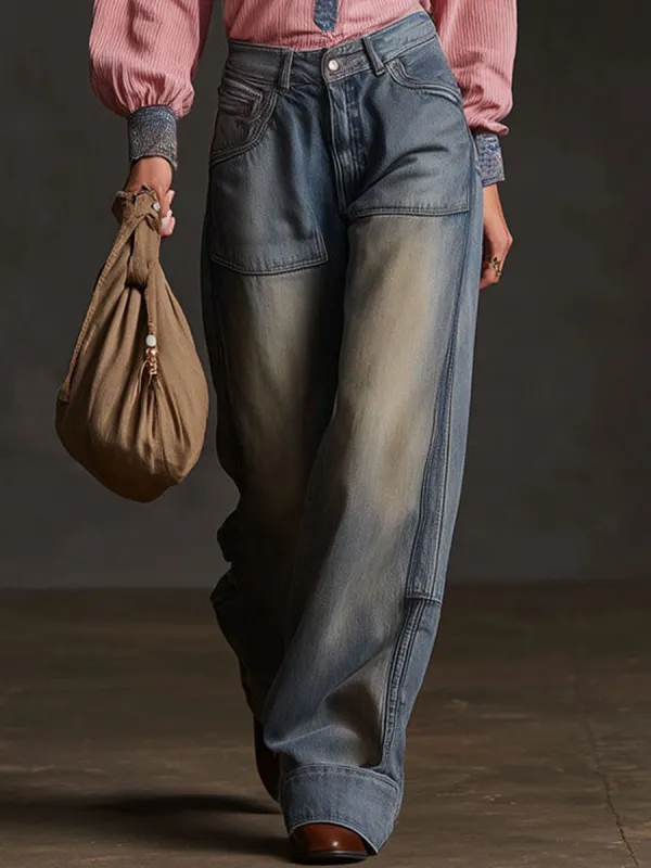 Casual Retro Distressed Wide-leg Blue Jeans sold by Oyrosy