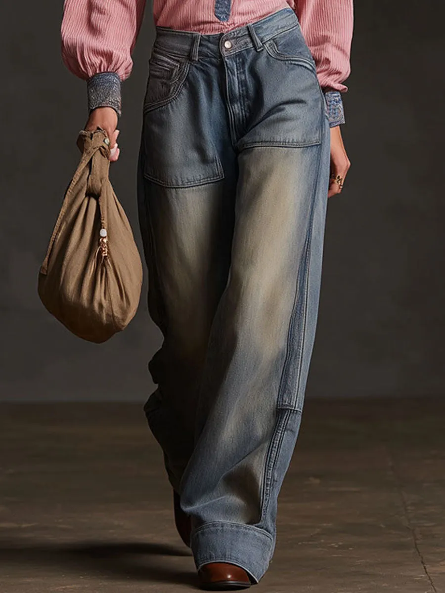 Casual Retro Distressed Wide-leg Blue Jeans sold by Oyrosy