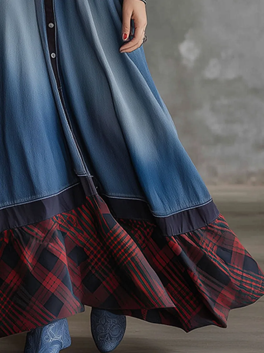 Retro Red Plaid Hem Blue Denim Maxi Dress sold by Oyrosy product image thumbnail 4