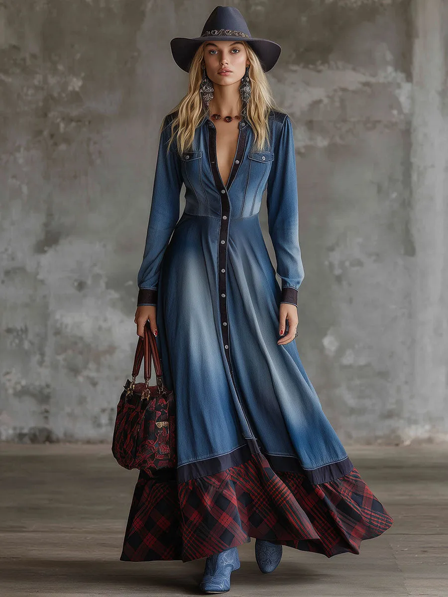 Retro Red Plaid Hem Blue Denim Maxi Dress sold by Oyrosy product image thumbnail 2