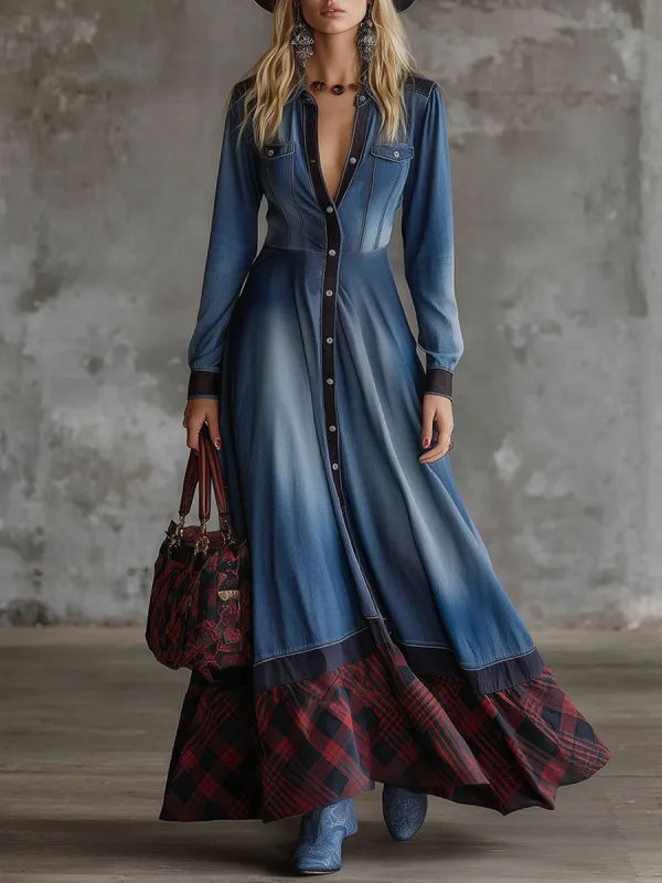 Retro Red Plaid Hem Blue Denim Maxi Dress sold by Oyrosy