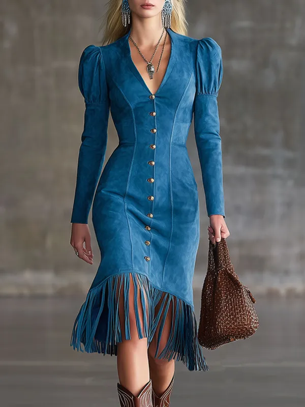 Western-style Retro Blue Faux Suede Button Tassel Midi Dress sold by Oyrosy