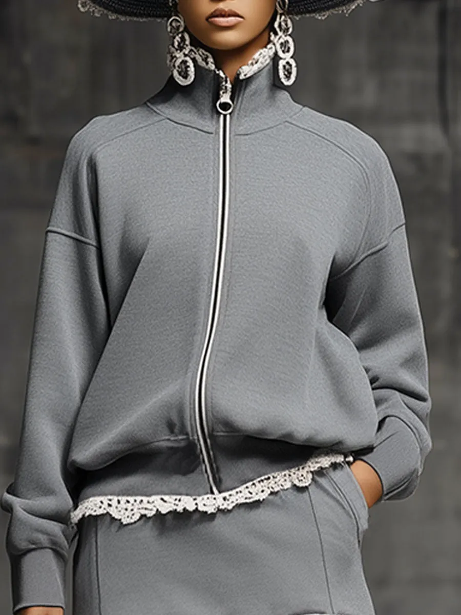 Casual Loose-fitting White Lace-trimmed Gray Sweatshirt And Skirt Set sold by Oyrosy product image thumbnail 3