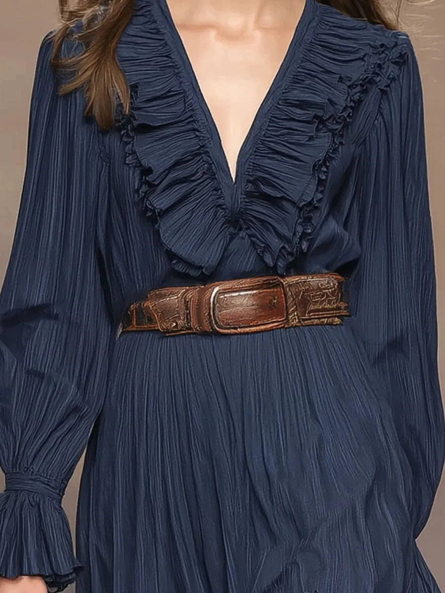 Fashionable And Classic Blue Chiffon V-neck Ruffled Midi Dress sold by Oyrosy product image thumbnail 4