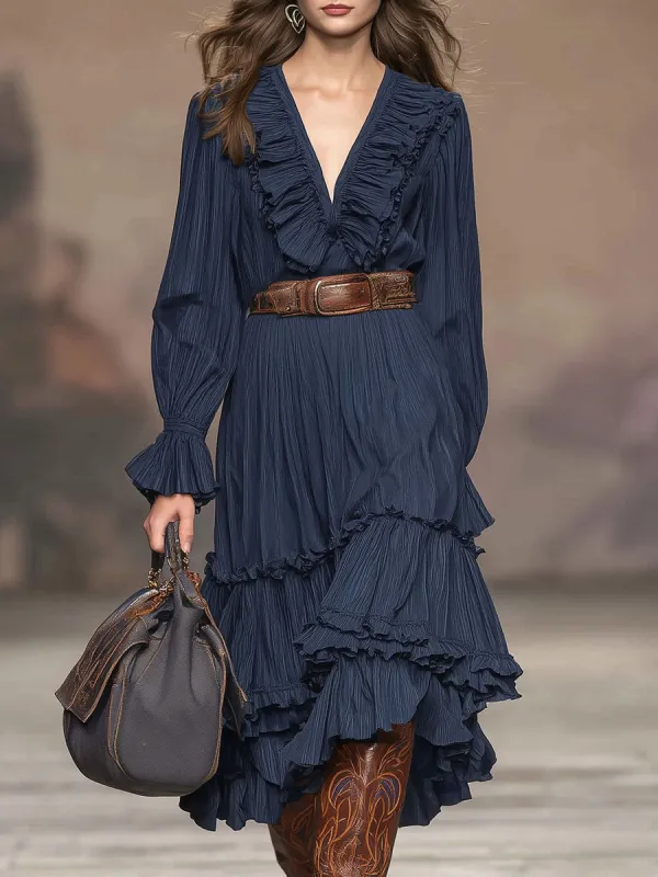 Fashionable And Classic Blue Chiffon V-neck Ruffled Midi Dress sold by Oyrosy