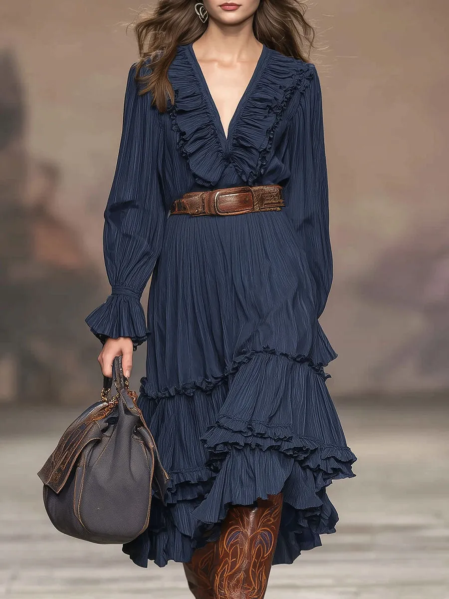 Fashionable And Classic Blue Chiffon V-neck Ruffled Midi Dress sold by Oyrosy