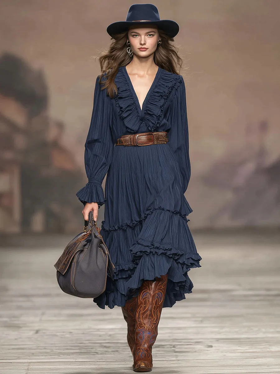 Fashionable And Classic Blue Chiffon V-neck Ruffled Midi Dress sold by Oyrosy product image thumbnail 2