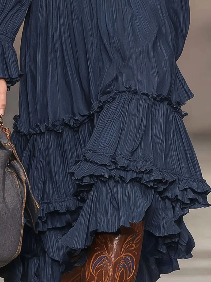 Fashionable And Classic Blue Chiffon V-neck Ruffled Midi Dress sold by Oyrosy product image thumbnail 3