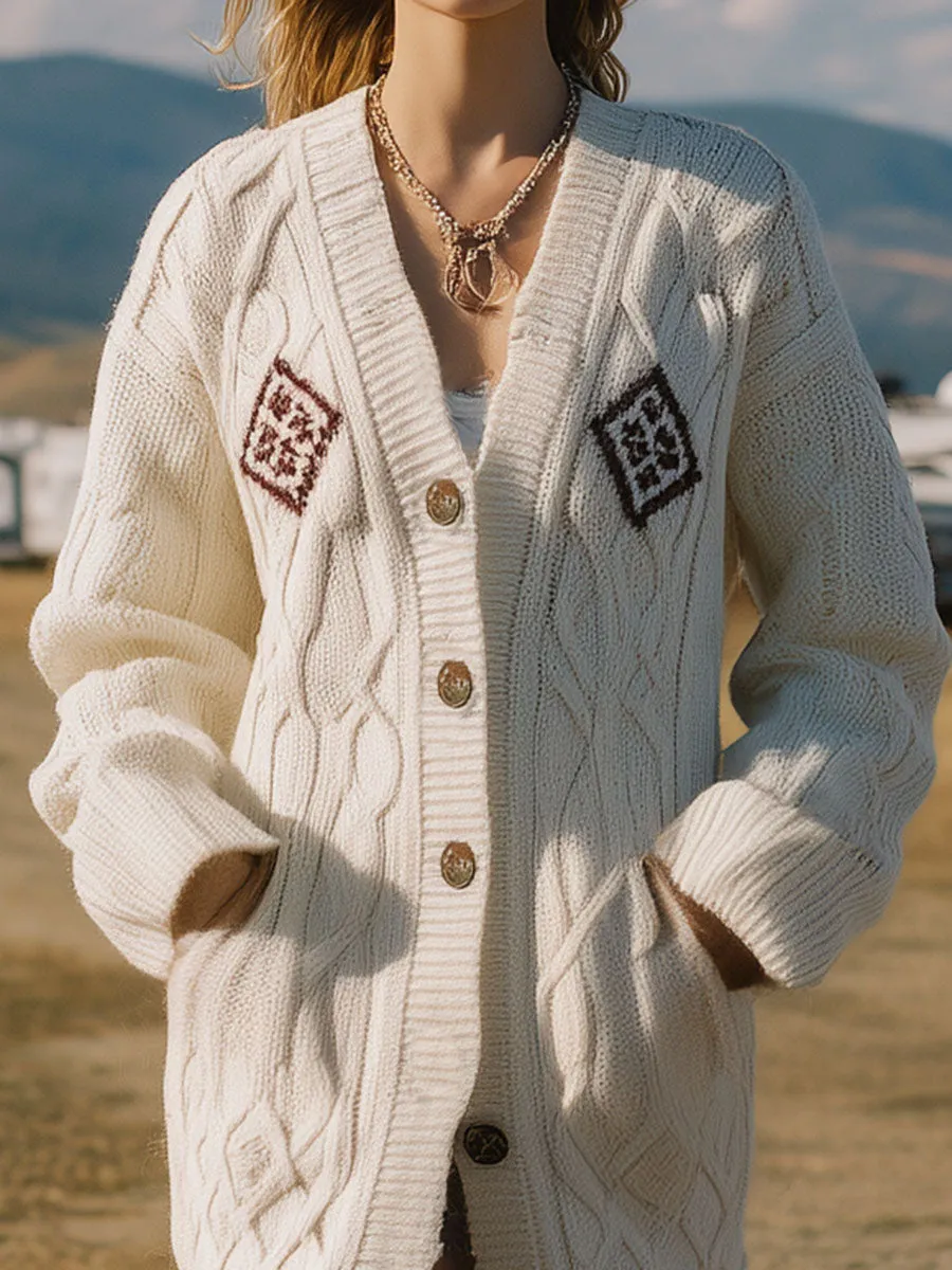 White Knit Cable Knit With Button Diamond Pattern Cardigan sold by Oyrosy product image thumbnail 4