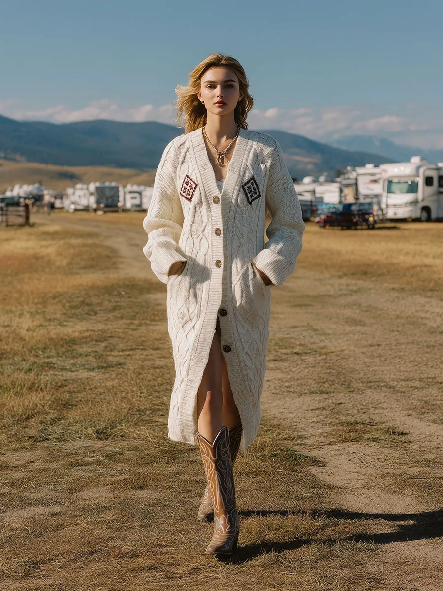 White Knit Cable Knit With Button Diamond Pattern Cardigan sold by Oyrosy product image thumbnail 2