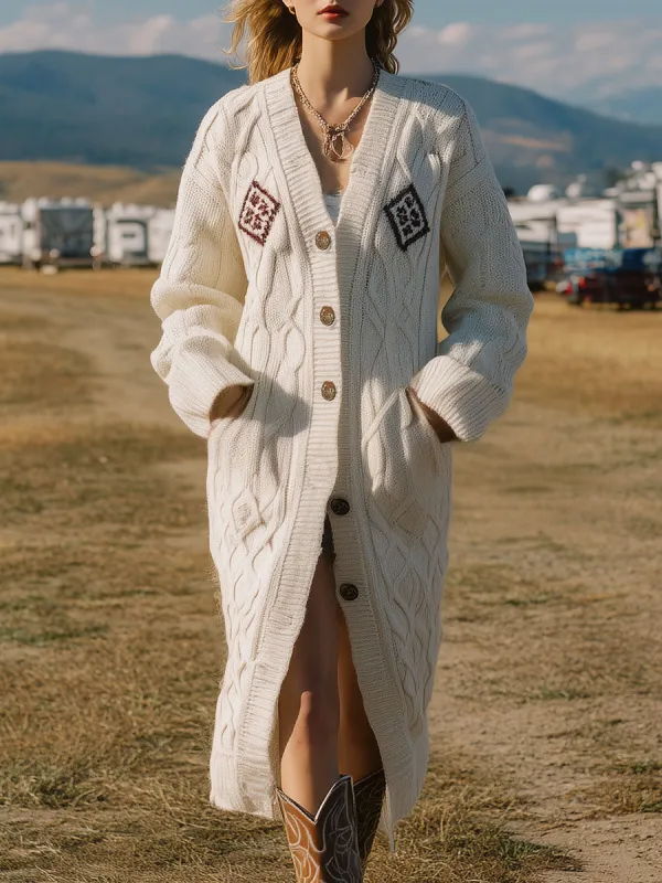 White Knit Cable Knit With Button Diamond Pattern Cardigan sold by Oyrosy